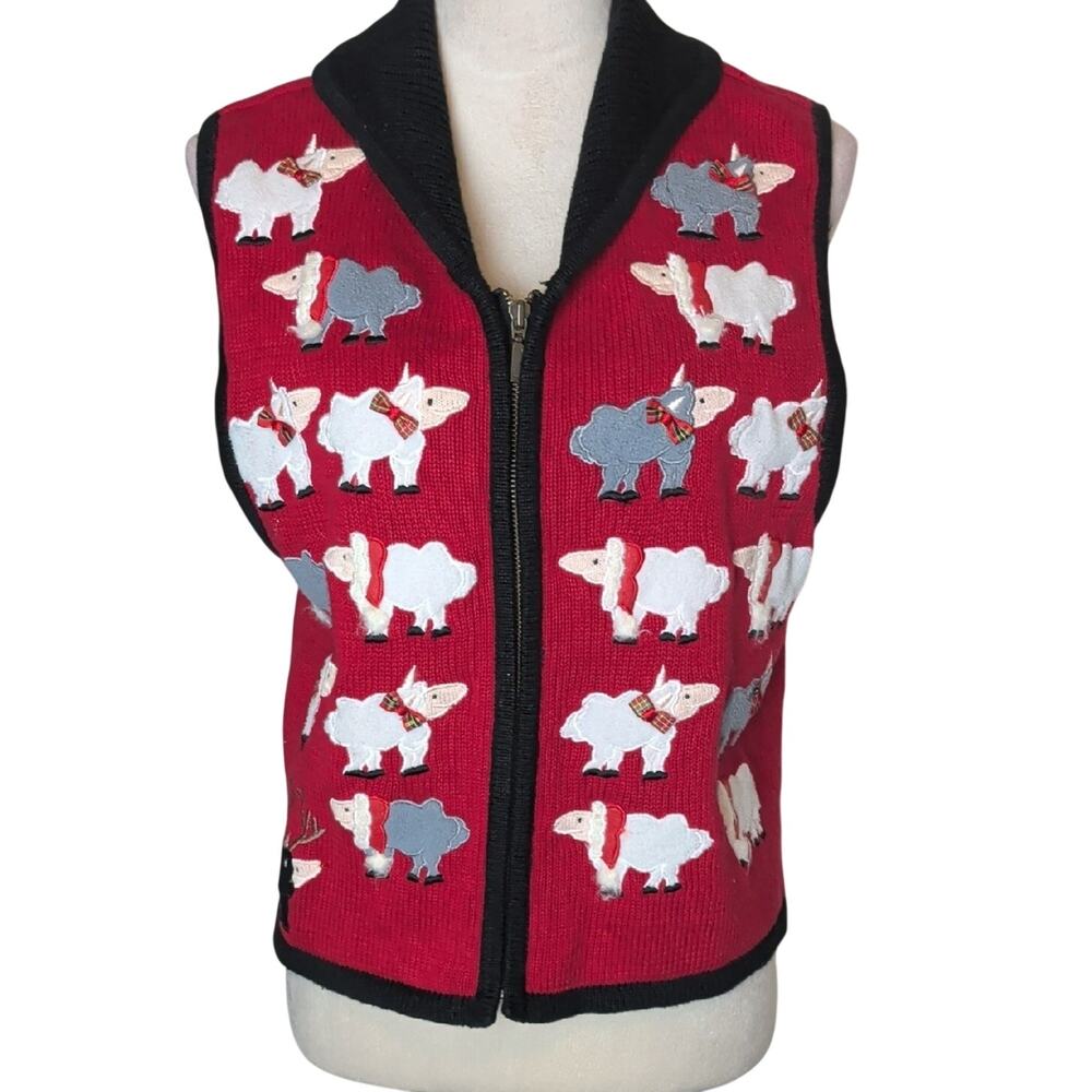 Vintage 90s Y2K Sheep Knit Zip Vest Sweater Cottagecore Farmcore Small